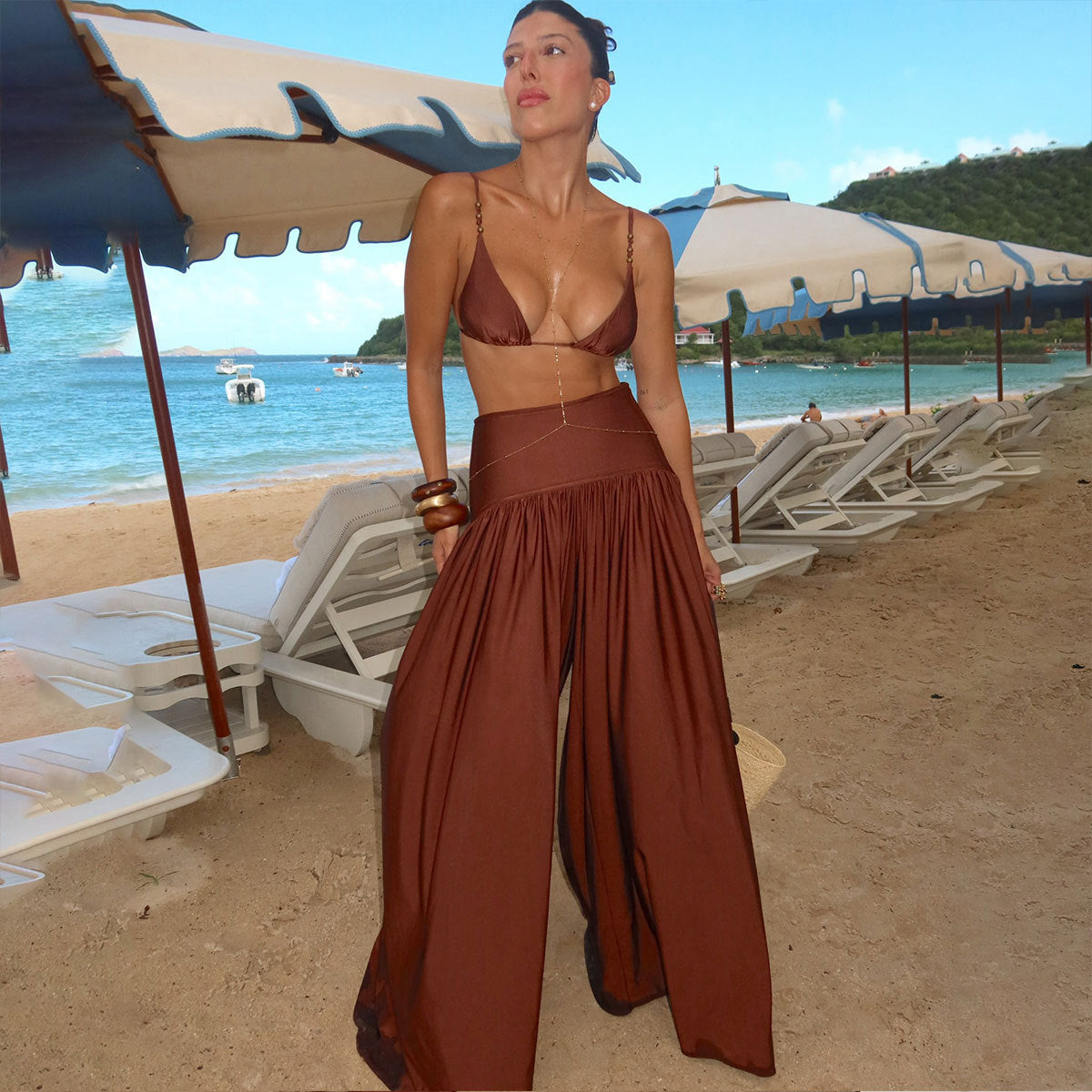 Women Three Point Bikini High Waist Wide Leg Pants Sets Split Swimsuit Bikini