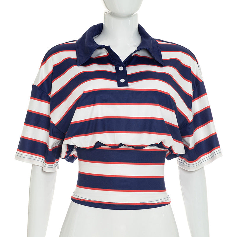 Women Clothing Retro Slimming Color Blocking Spicy Girl Striped All Matching Collared Polo Shirt Top