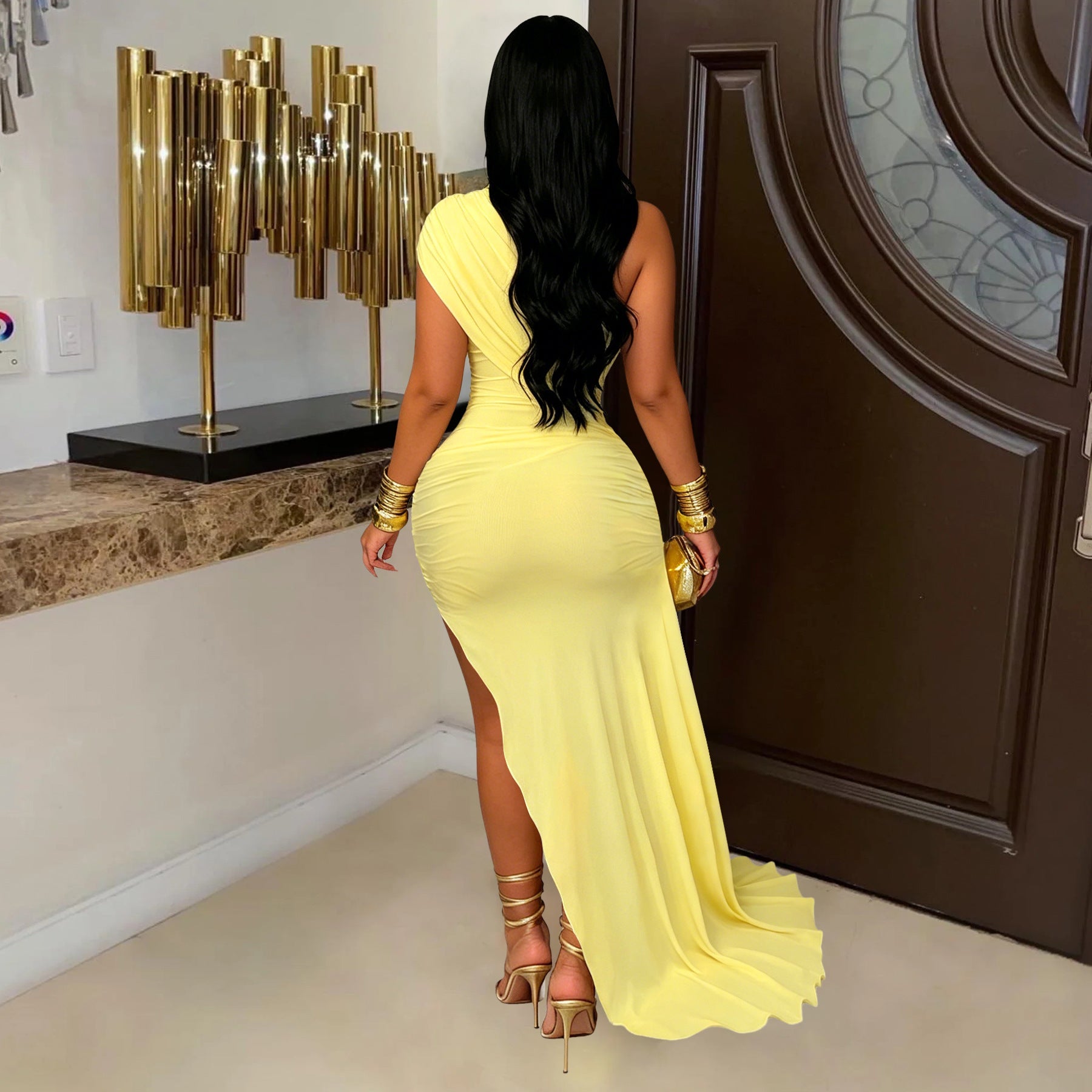 Sexy Women Clothing Mesh Stitching Ruffle Slim Fit Dress