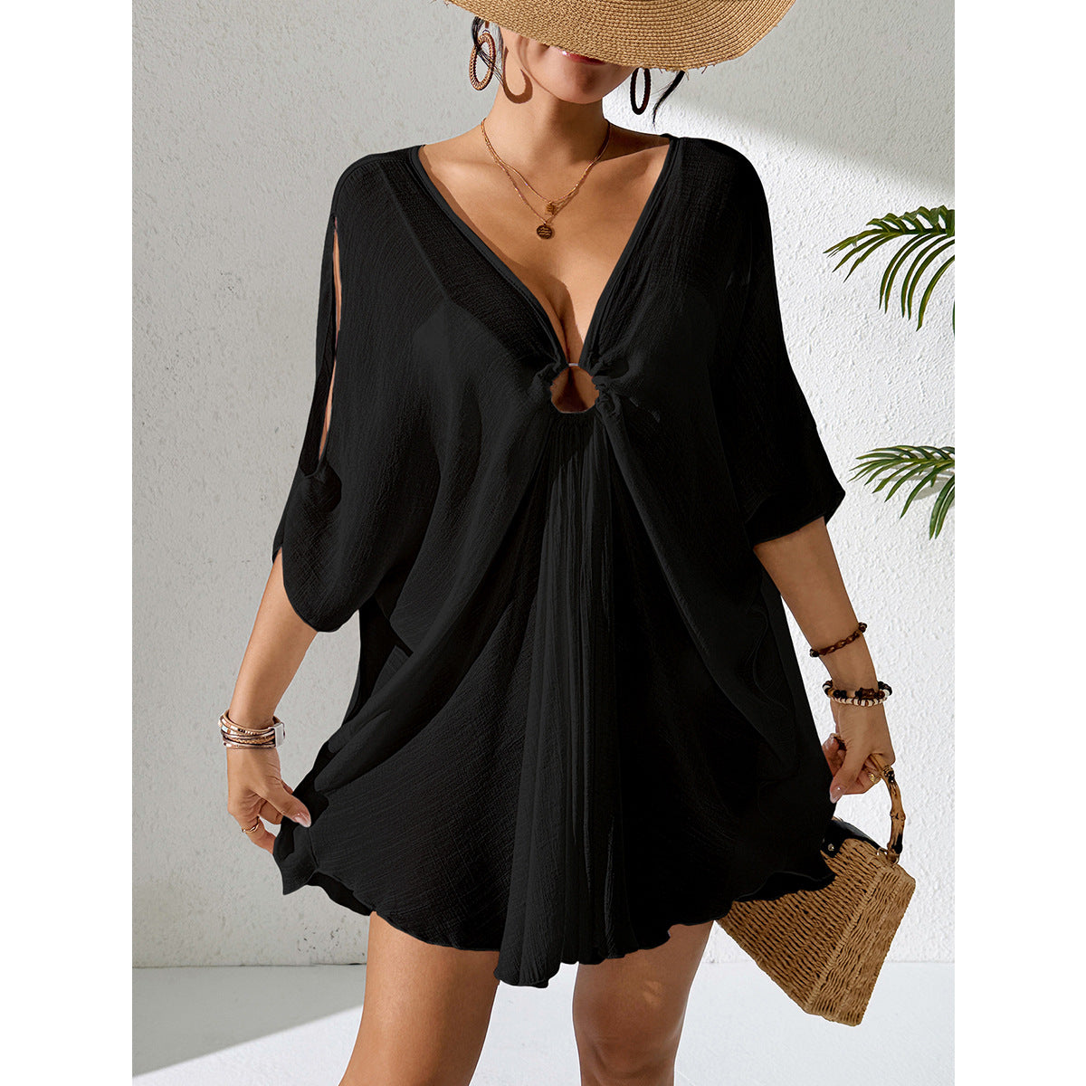 Solid Color Beach Cover up Ring V neck Batwing Sleeve Seaside Vacation Sun Protection Dress