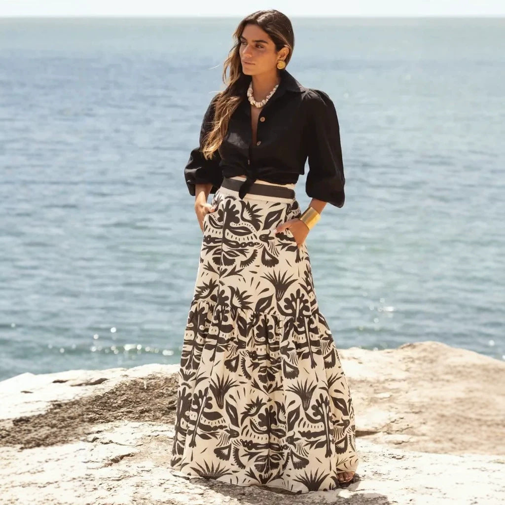 Summer Skirt Striped Printed High Waist Swing Holiday Skirt Women