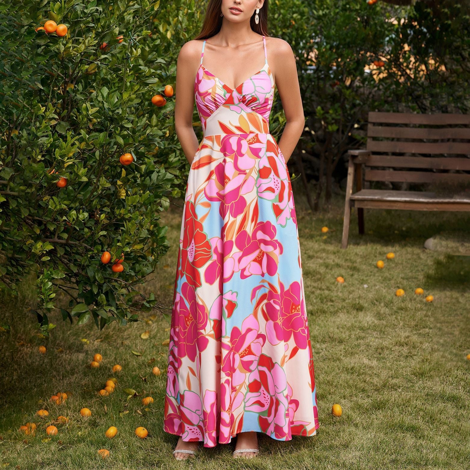 Summer Vacation Elastic Printing Fabric Strap Dress Sexy Backless Lace up Waist Slimming Maxi Dress