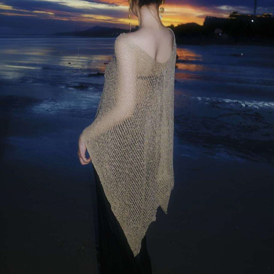 Pure Hollow Out Cutout out Gold Knitted Blouse Bikini Four Piece Suit Elegant Beautiful Vacation Maxi Dress Swimsuit Women