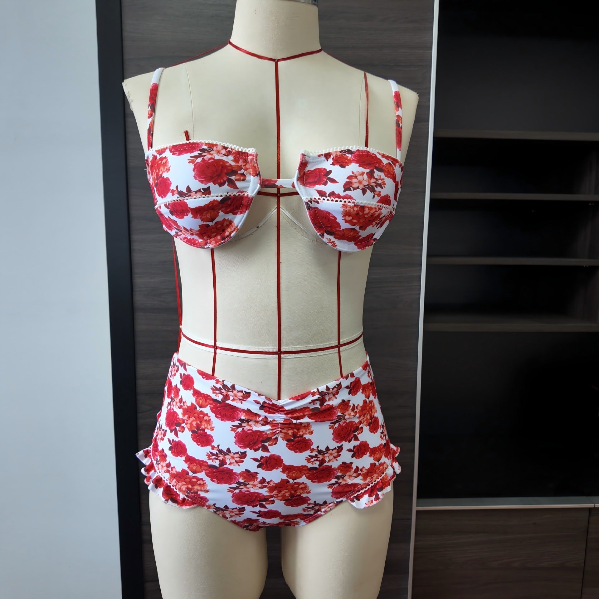 Printed High Waist Split Swimsuit Women Sexy Hard Cup Strap Ruffled Bikini