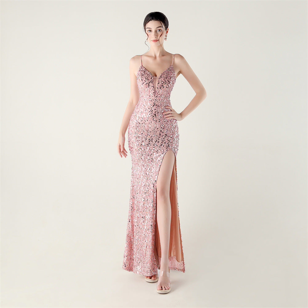 Bead Tube Sequin Spaghetti Strap High Slit Evening Dress Cross Tied Slim Fit Slimming Dinner Social Women