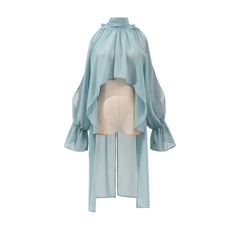 Autumn Tops Women Sweet Fresh Korean Casual Irregular Asymmetric Stand Collar Loose Solid Color Halter Shirt