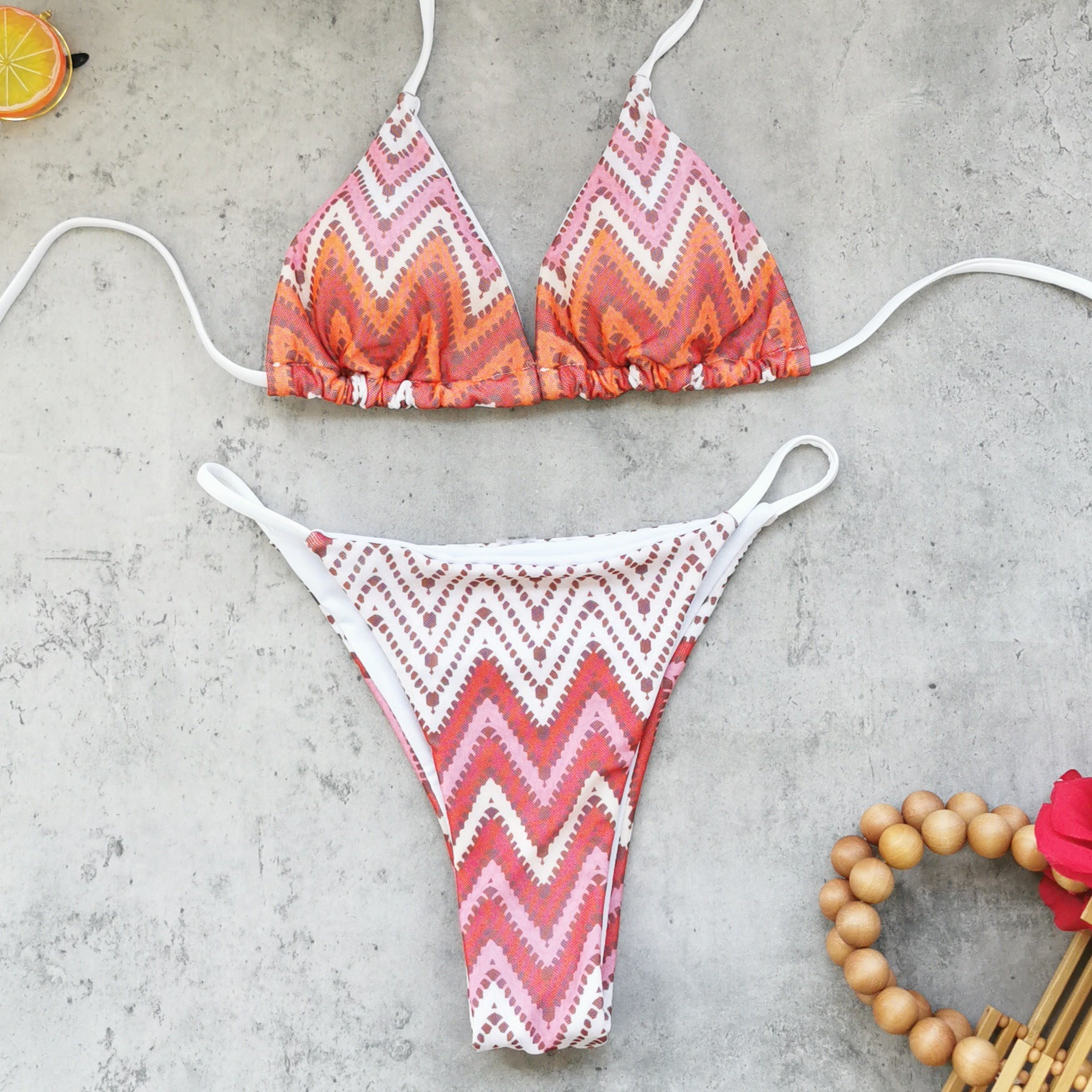 Striped Printed Sexy Backless Three Point Bikini Mesh Trousers Split Swimsuit Women