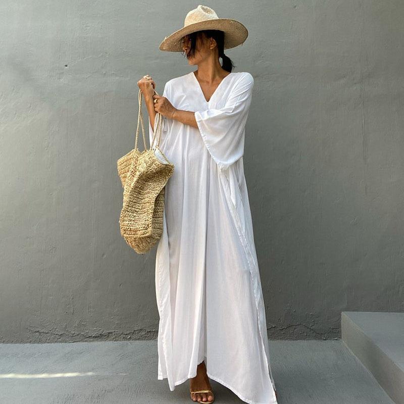 Rayon Loose Robe Beach Cover Up Sexy V Neck Headband Belt Sun Protection Dress Women