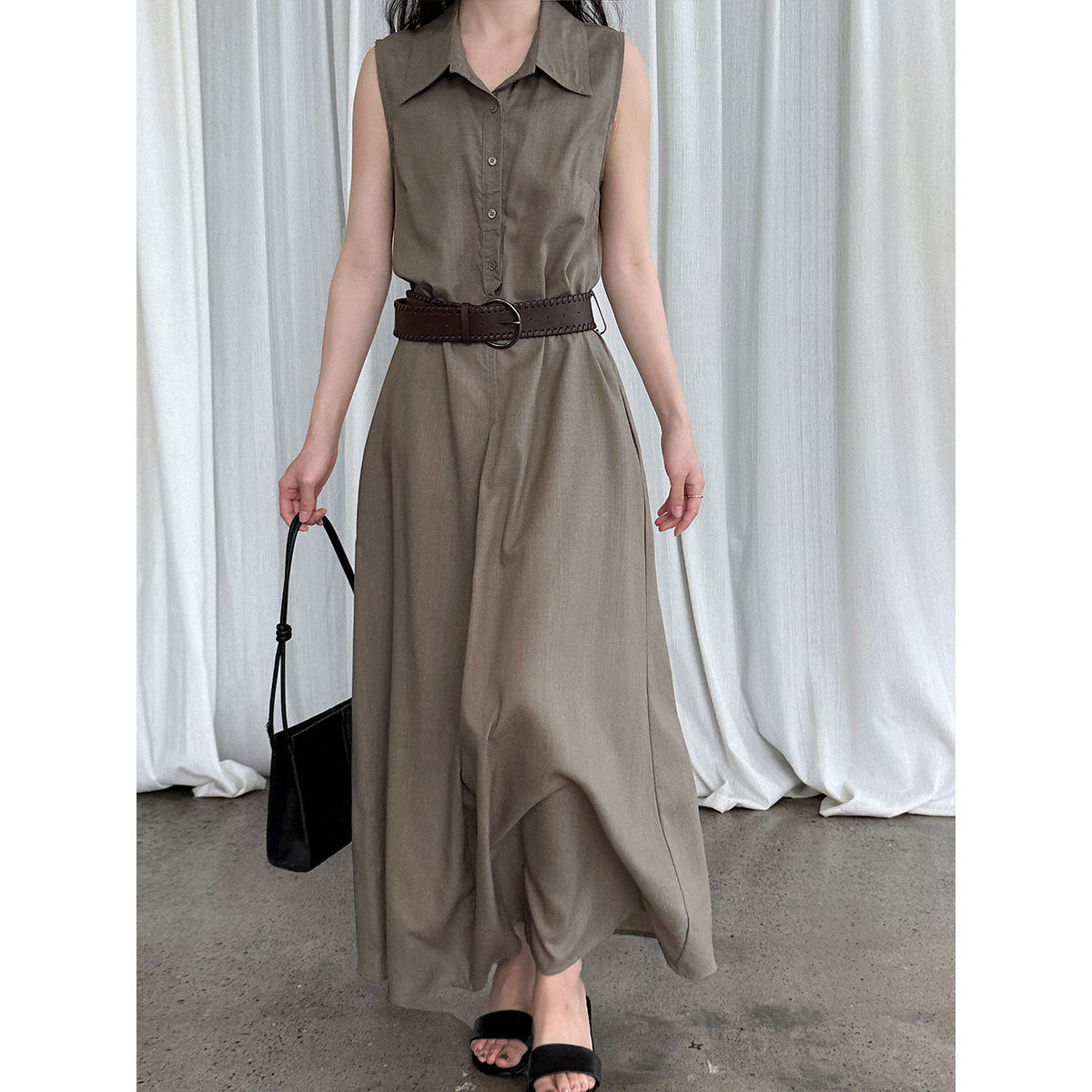 Cotton Linen Shirt Dress with Belt Summer Cinched Sleeveless Dress