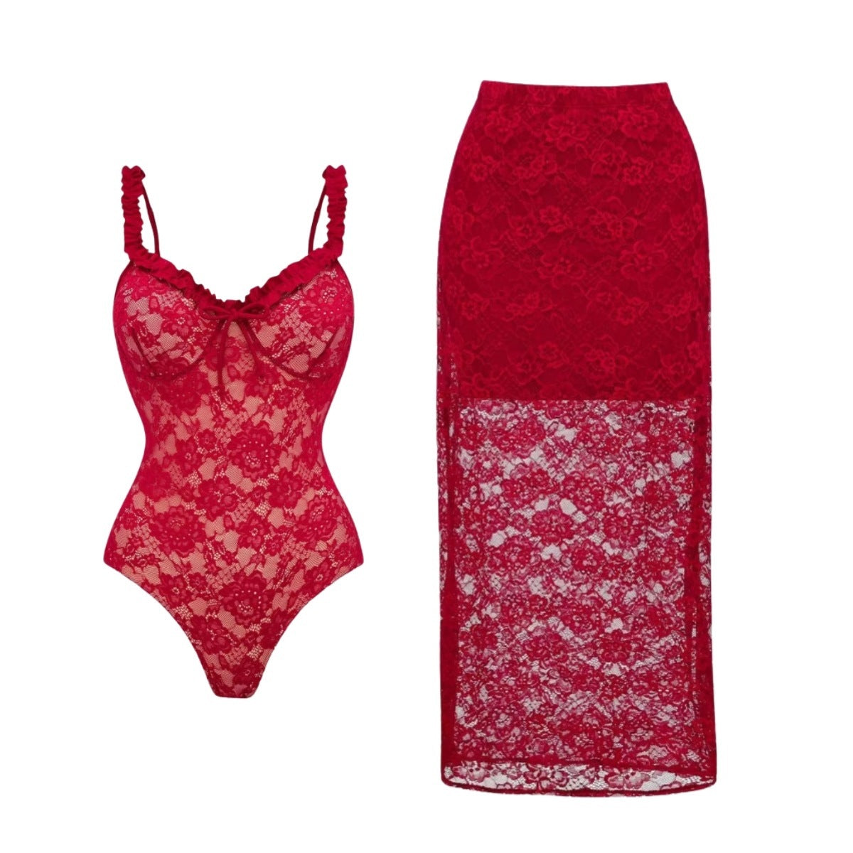 Swimsuit Red Sexy Lace One Piece Swimsuit Women Maxi Skirt