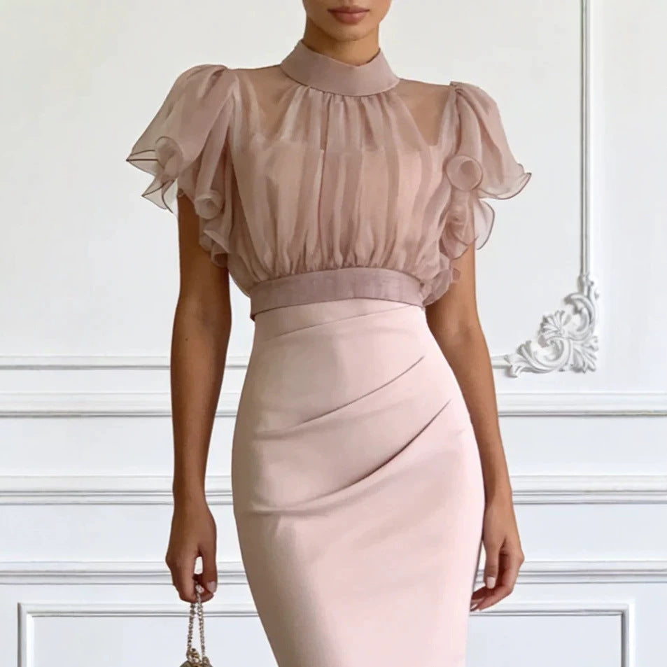 Fashionable Sheer Mesh Lace up Waist Controlled Top Strap Sheath Dress