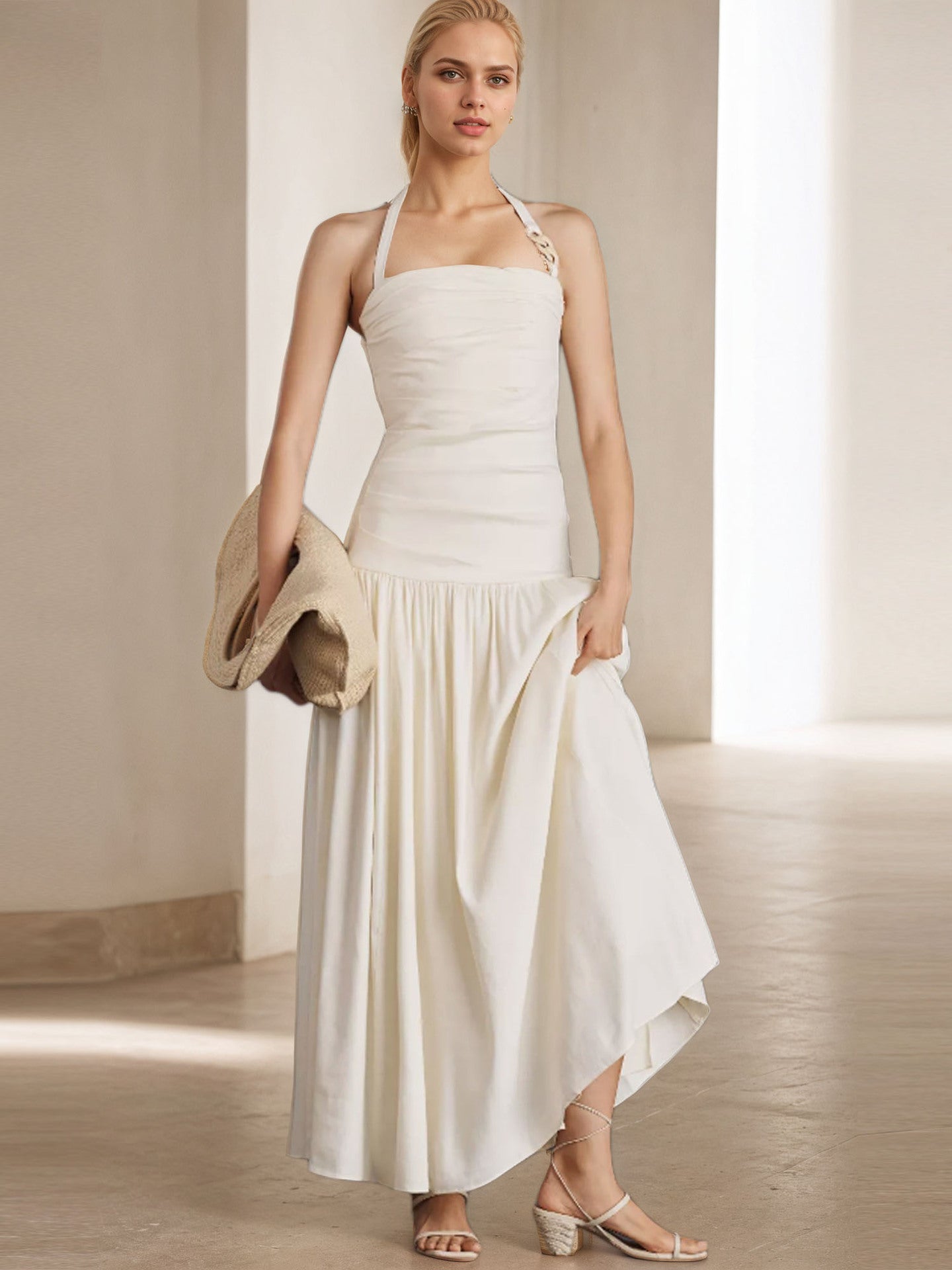 Summer Women Wide Camisole Halter Sleeveless Backless Dress