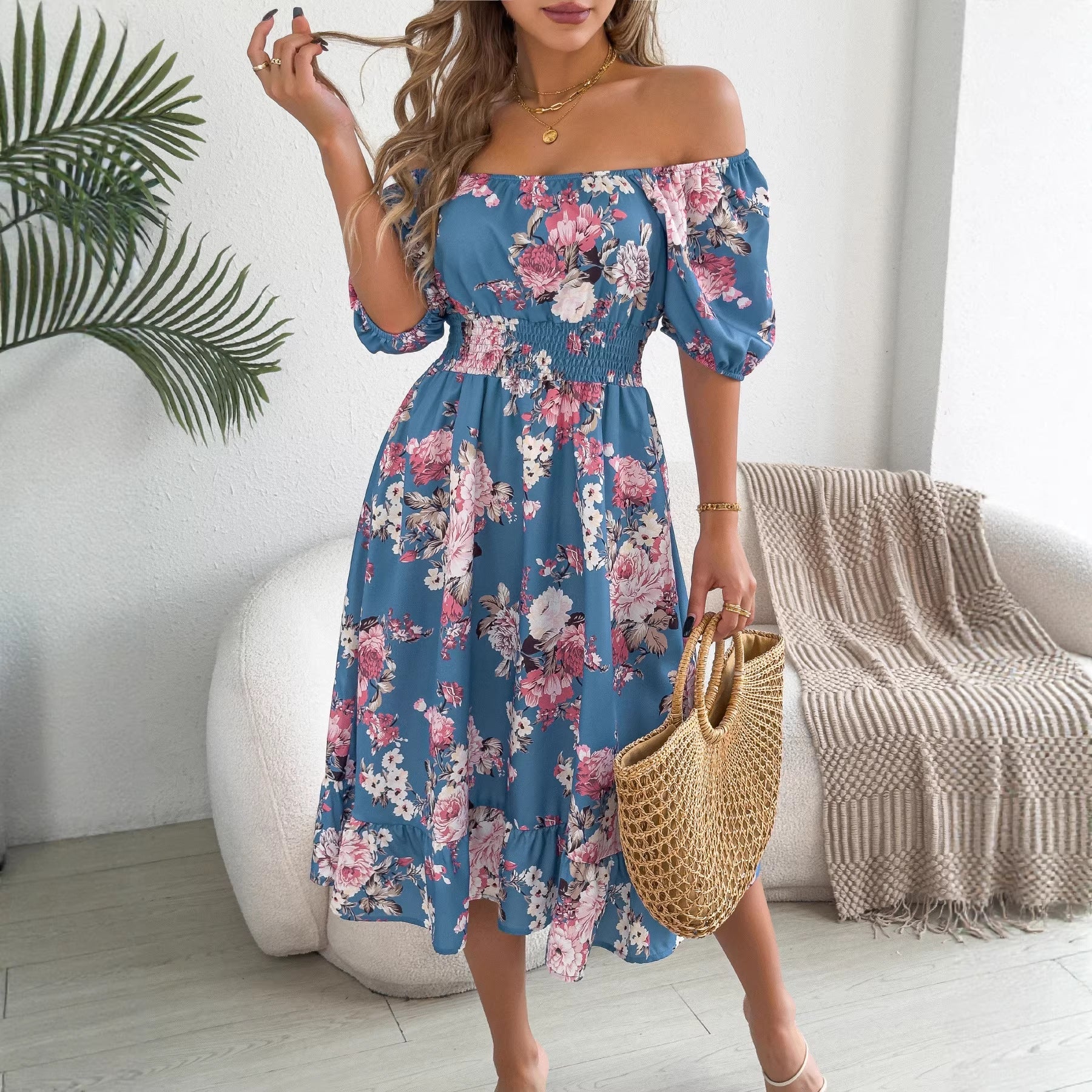 Spring Summer Floral Off Shoulder Short-Sleeved Ruffle A Line Holiday Dress