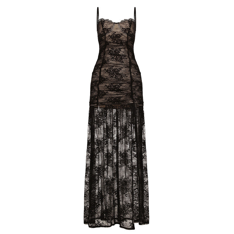 Women Clothing See through Lace Split Pleated Sling Elegant Dress Holiday Sheath Dress