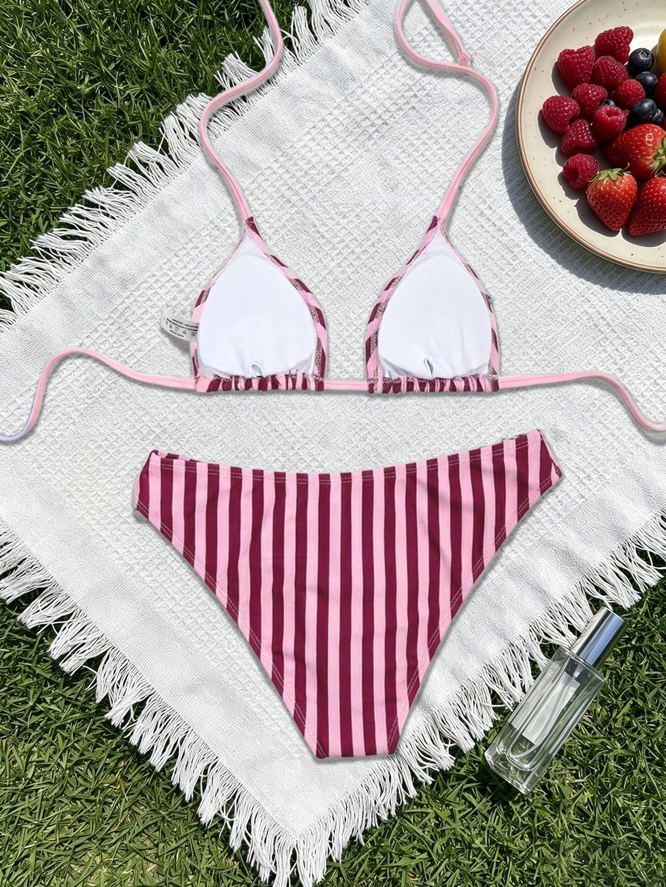 Striped Printed Bikini Triangle Cup Lace up Sexy Backless Split Bikini Swimsuit