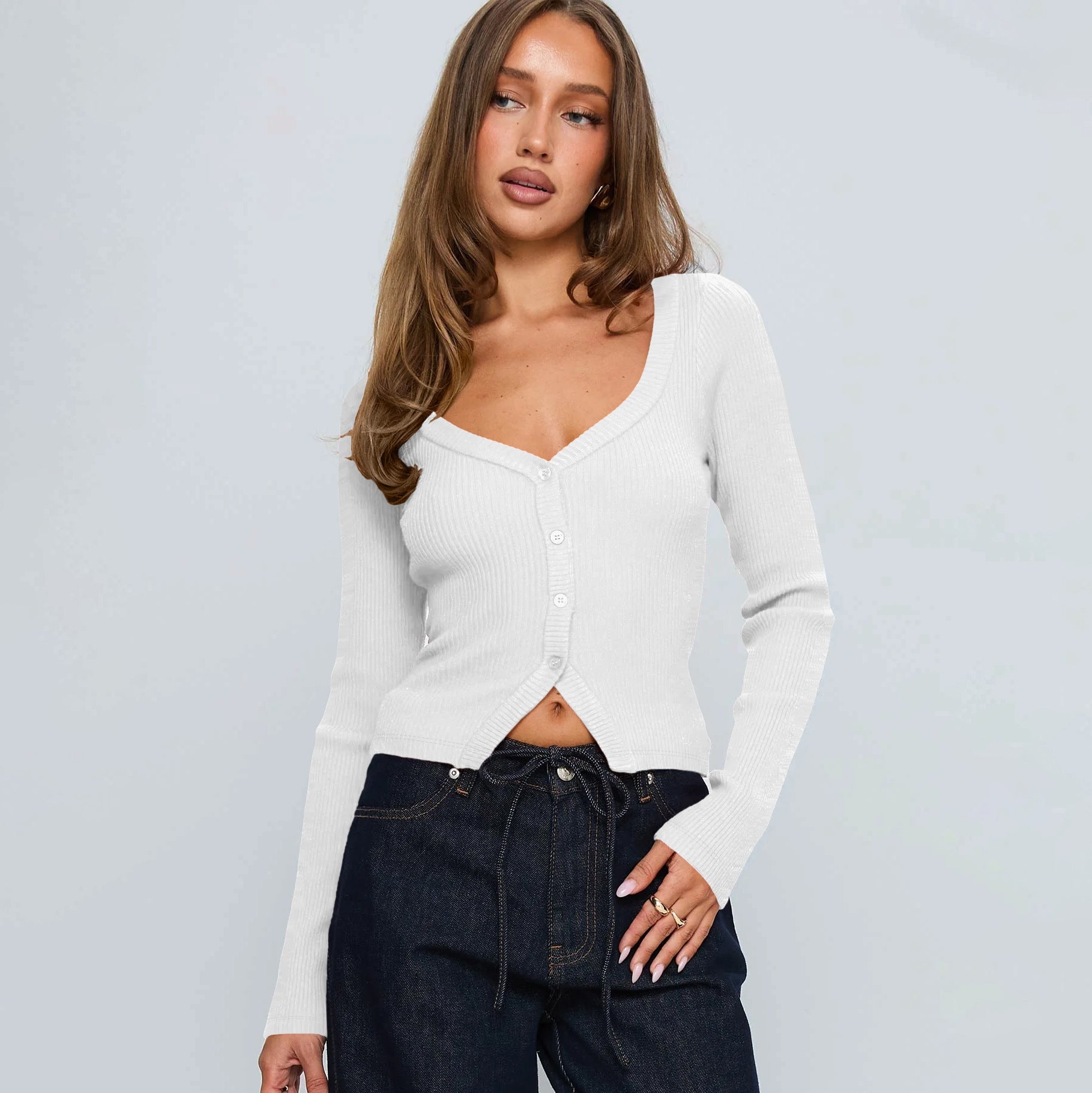 Women Fall Winter V neck Long Sleeve Ribbed Button Cardigan Slim Fit