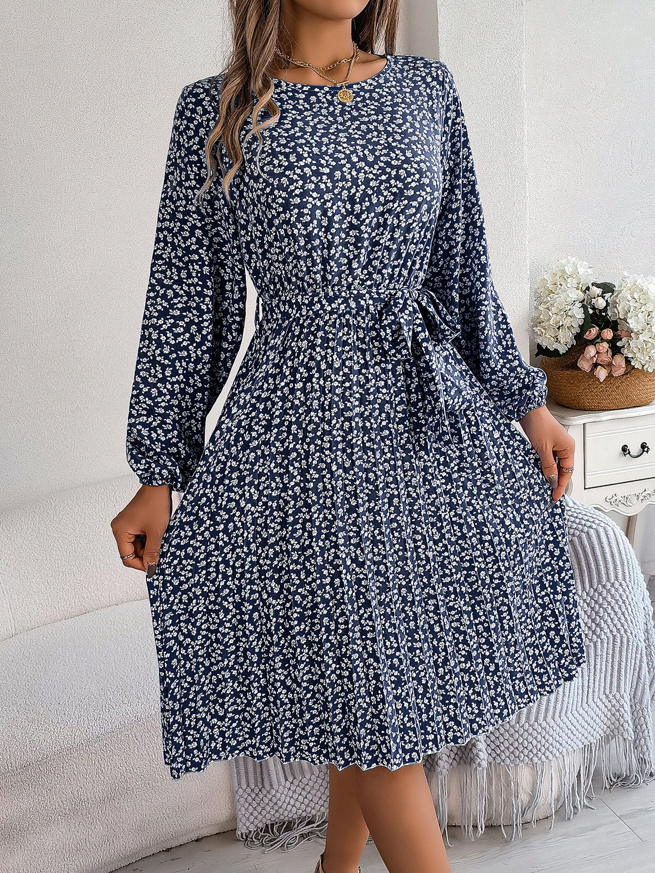 Spring Summer Casual Long Sleeved Floral Large Hem Pleated Women Clothing