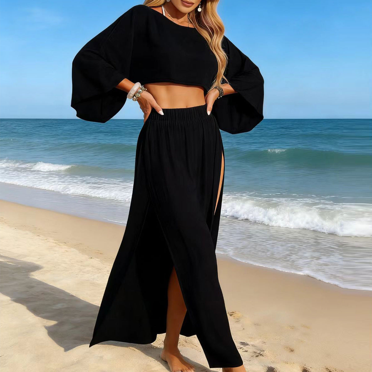 Split Trousers Elastic Waist Vacation Loose Stylish Long Sleeves Cropped Outfit Top Women Overall