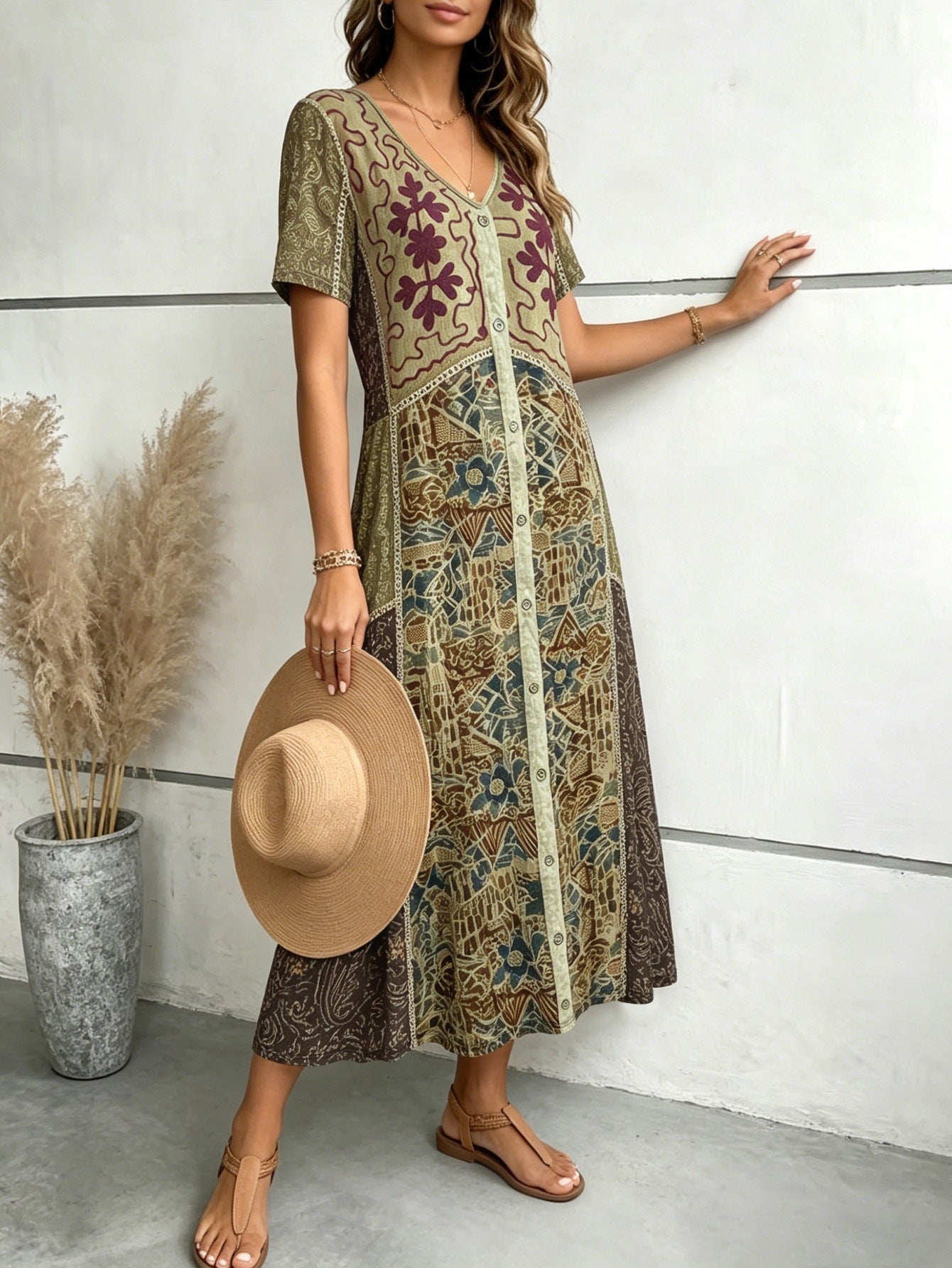 Summer Bohemian Stitching Printing Dress V neck Single Breasted A line Midi Dress