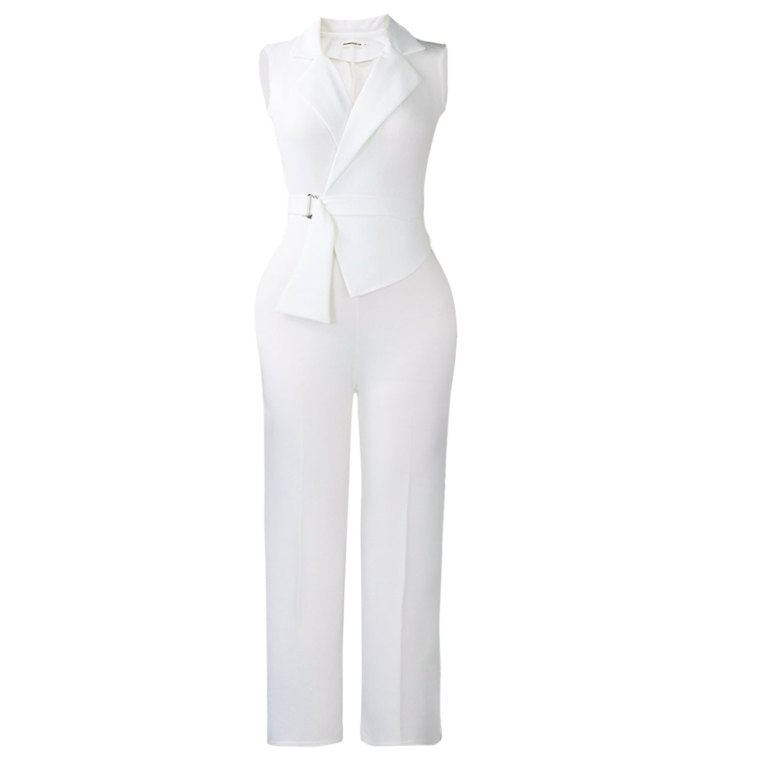 Summer Solid Color Sleeveless Collar Lace up Wide Leg Pants Jumpsuit