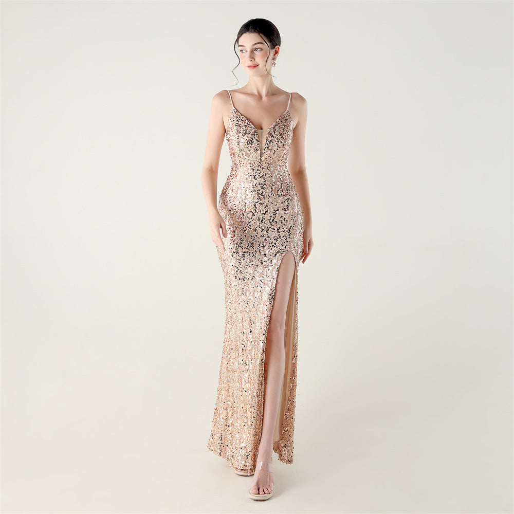 Bead Tube Sequin Spaghetti Strap High Slit Evening Dress Cross Tied Slim Fit Slimming Dinner Social Women
