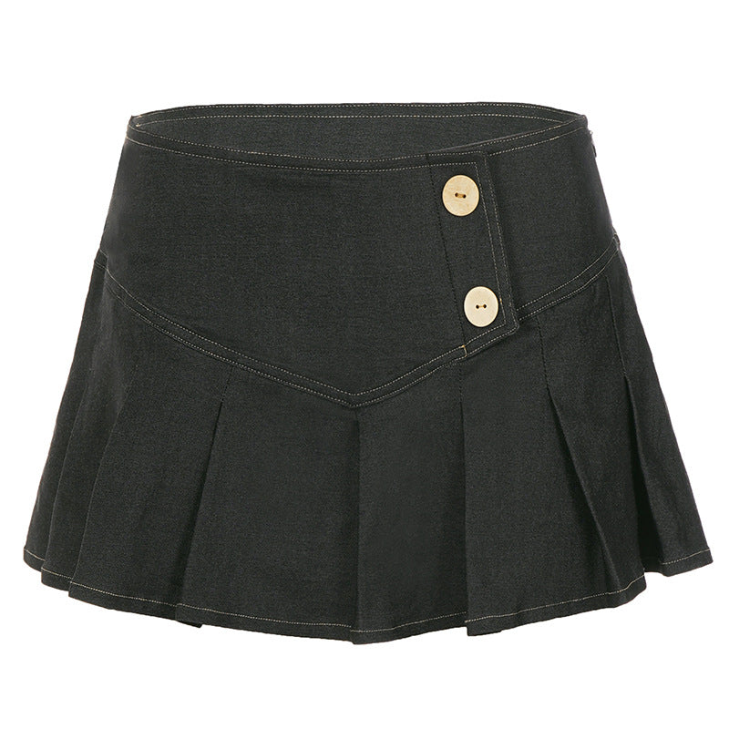 Retro Button Pleated Skirt Women Sexy Casual Street Low Waist Slimming Skirt