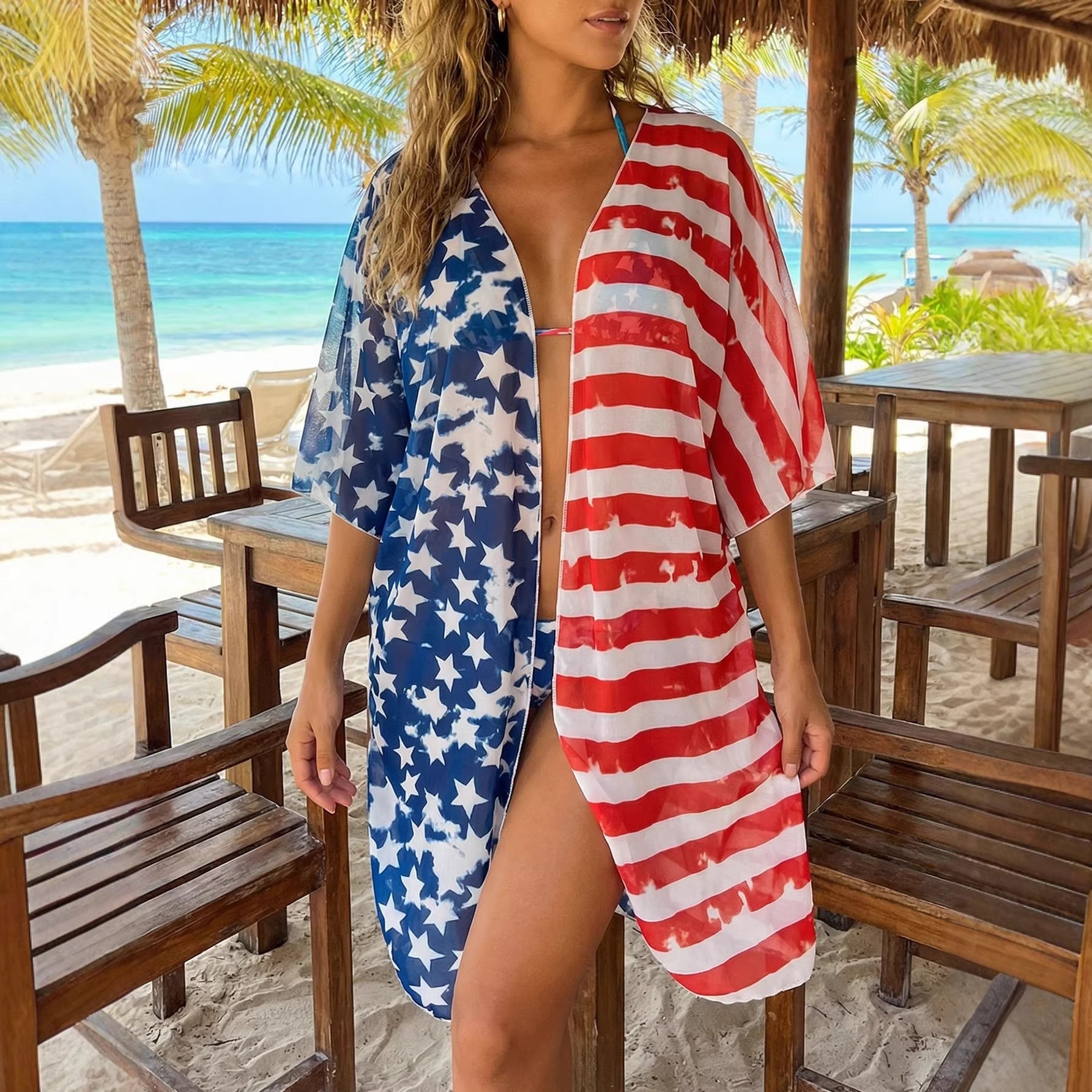 Women Sun Protection Cardigan Women Clothing Contrast Color Striped Stitching Batwing Sleeve Beach Coat Beach Cover Up