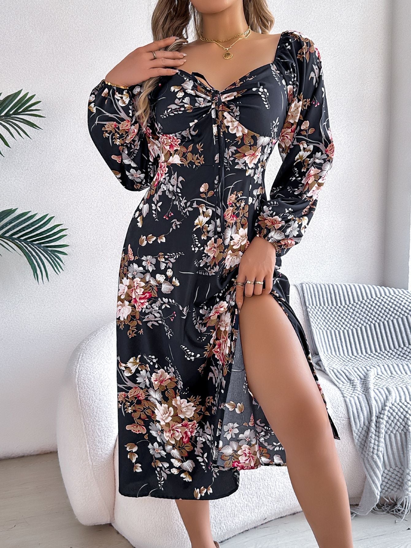 Spring Summer Sexy Lace up Knot Floral Long Sleeve Split Dress Women Clothing