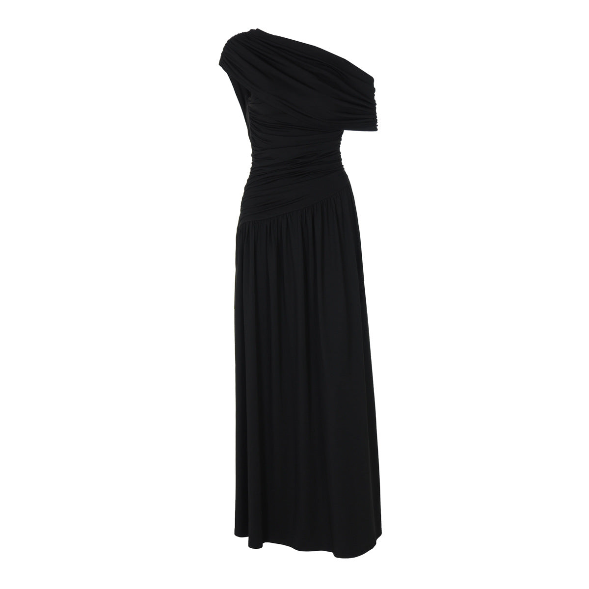 Women Clothing Spring Arrival Fashionable Sexy Diagonal Collar Pleated Asymmetrical Solid Color Dress