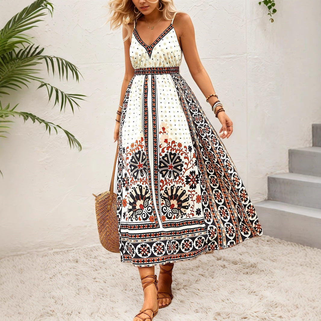 Backless Cami Dress Bohemian Ethnic Positioning Printing Vacation Casual Internet Influencer Long