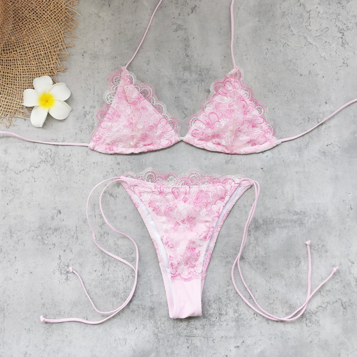 Women Fresh Solid Color Lace Three Point Bikini Sexy Lace up Backless Split Swimsuit