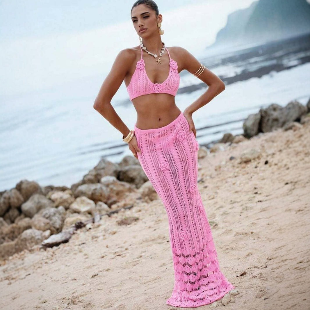 Sexy Floating Floral Cropped Outfit Bikini Strap Halter Knitted Swimsuit Dress