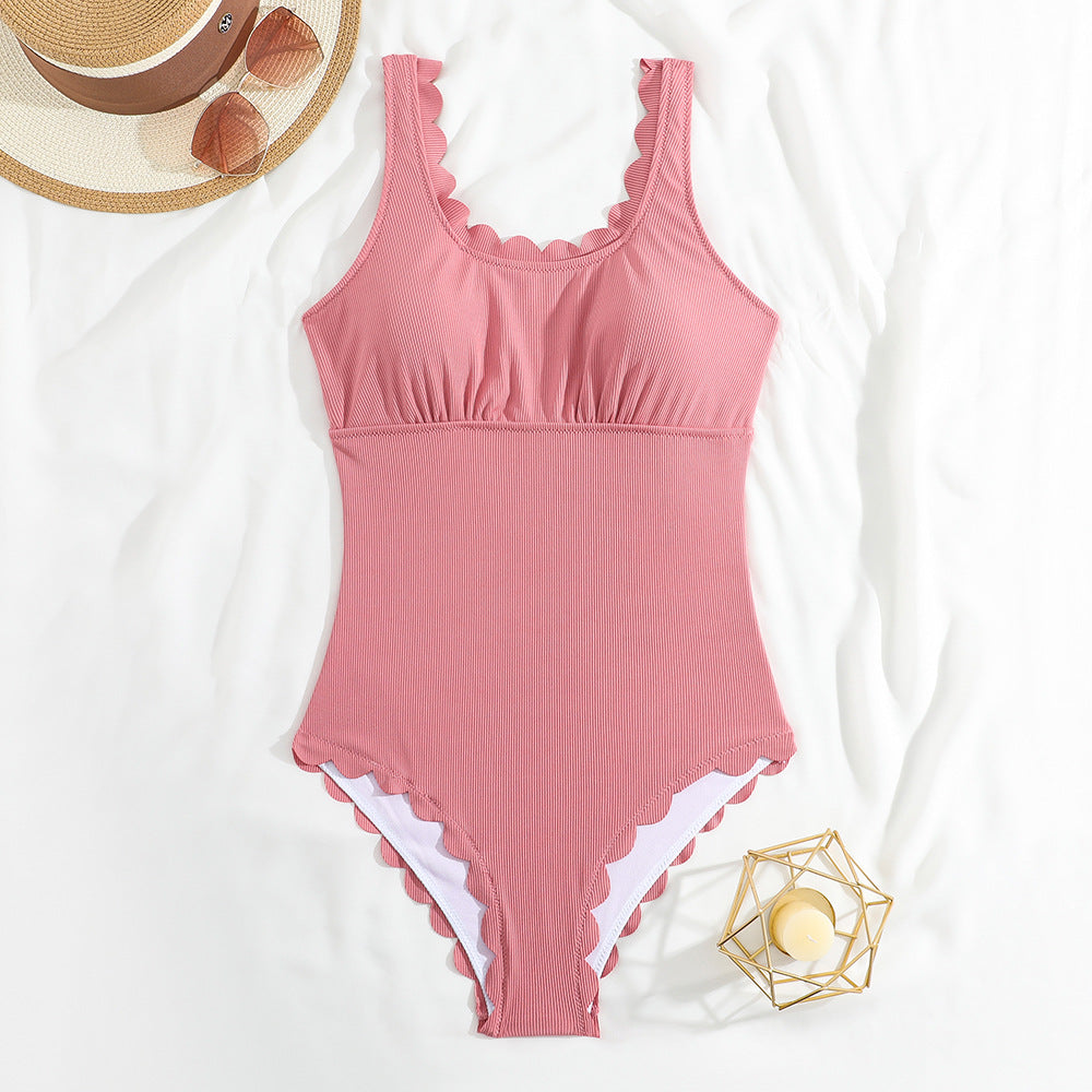Cut Floral Conservative Solid Color One Piece Swimsuit Women Bikini Swimsuit