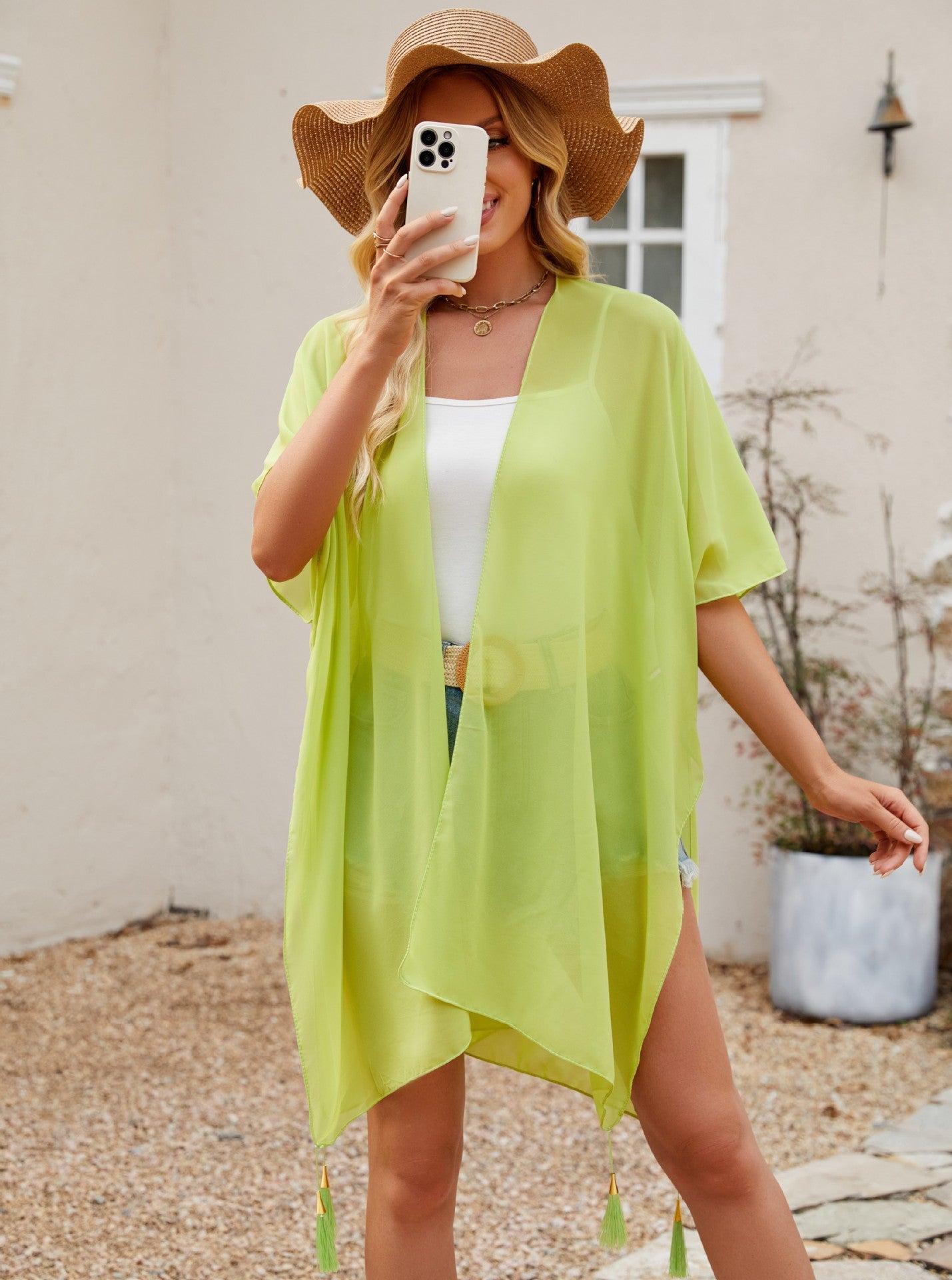 Seaside Blouse See Through Sexy Tassel Thin Cape Solid Color Travel Sun Protection Cardigan
