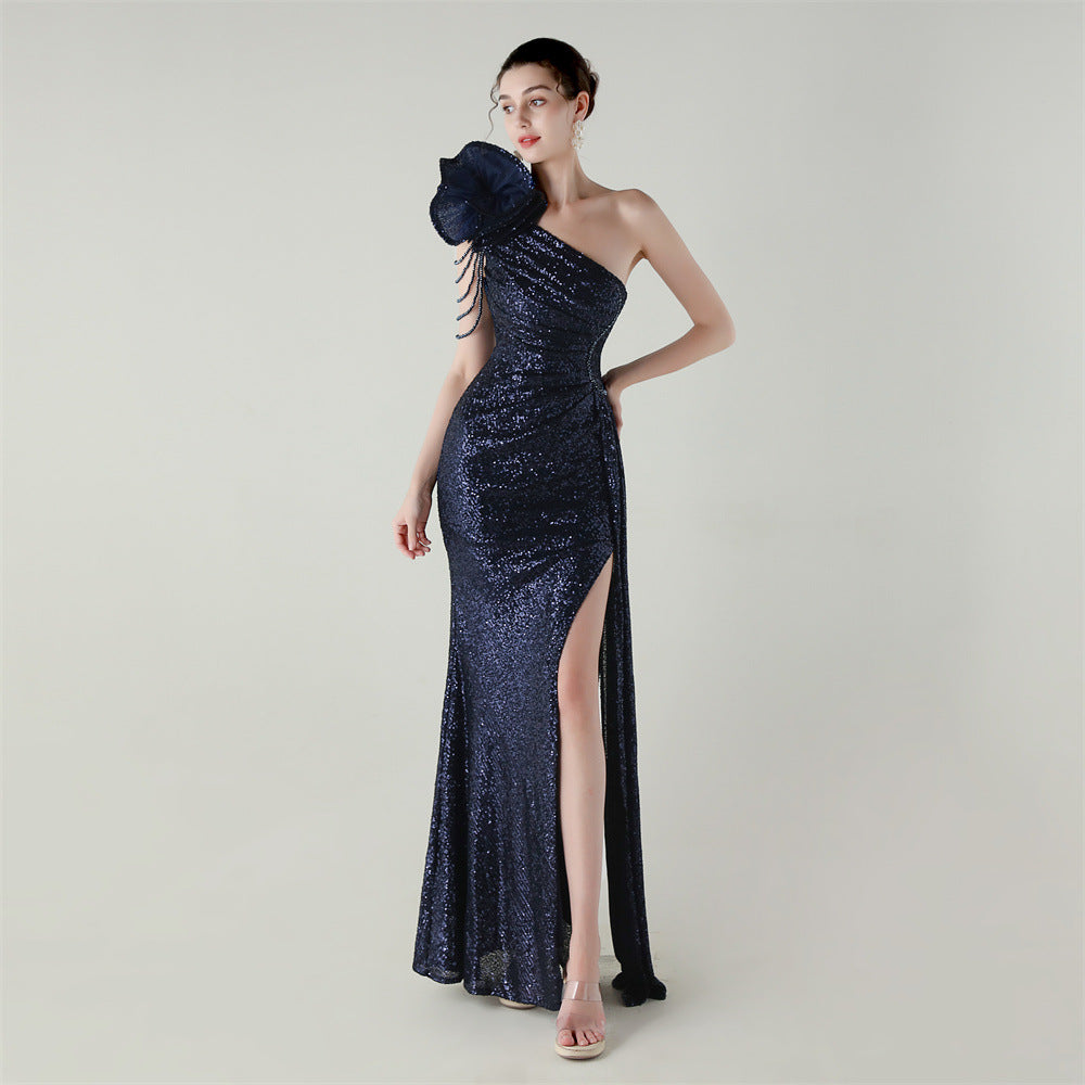 Craft Floral Beaded One Shoulder Diagonal Collar Fishtail Evening Dress Dinner Wedding Awards Ceremony Social Dress