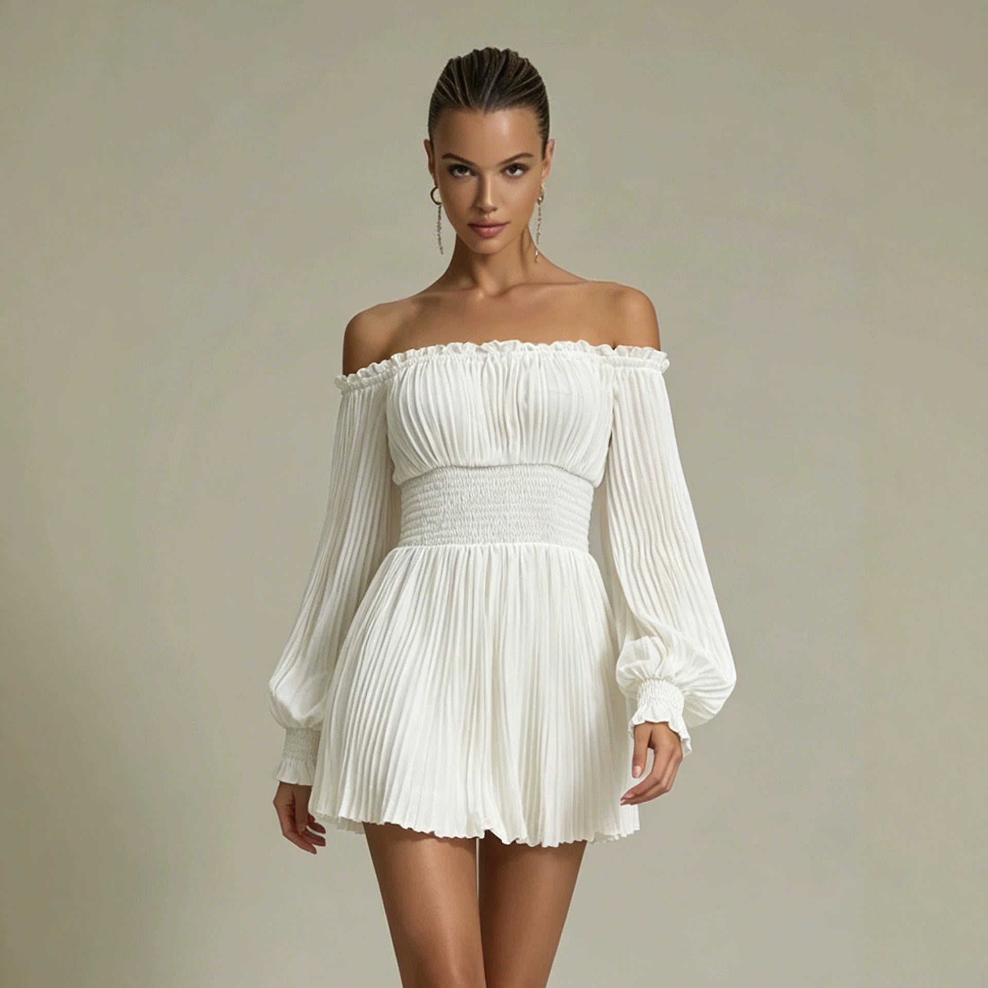 Summer Women Pleated off Neck Long Sleeve Smocking Waist Trimming Casual French Dress