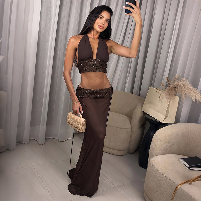 Summer Sexy Deep V Plunge Halter Lace up Top Sequined Low Waist Skirt Set