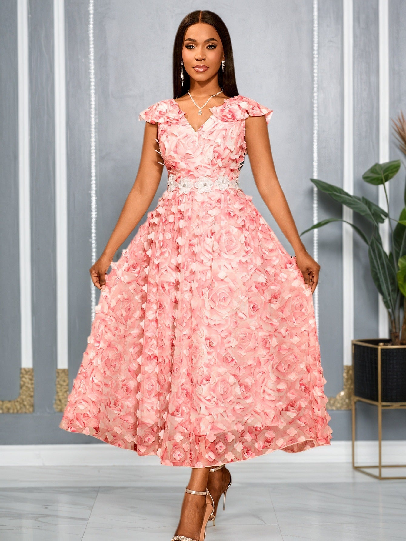 Women Clothing V neck Flounce Short Sleeved Dress Rose Three Dimensional Floral Waist a Swing Cocktail Elegant Dress