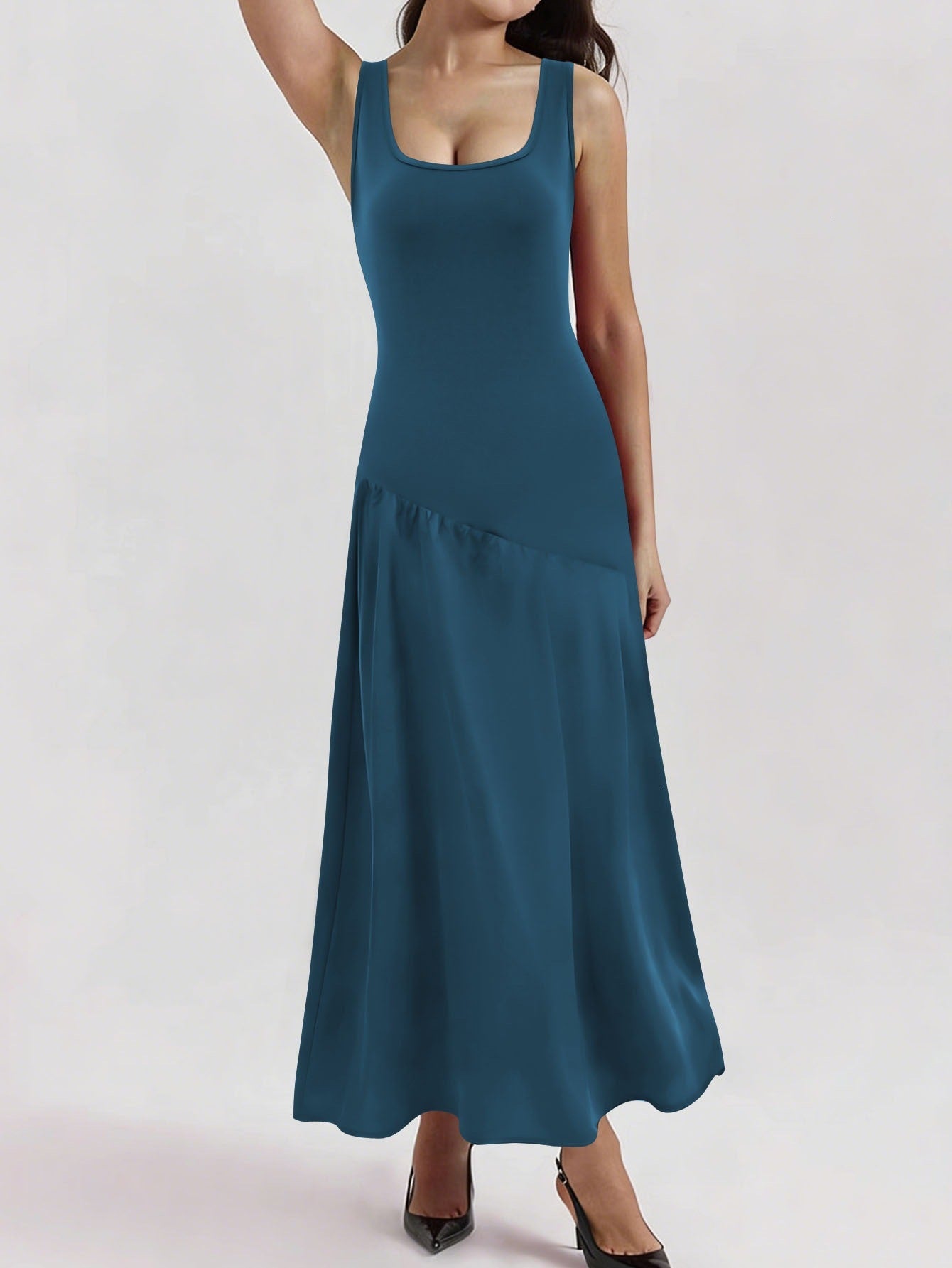 Summer U Neck Sleeveless Vest Dress Elegant Graceful Asymmetric Slim Fit Patchwork Maxi Dress