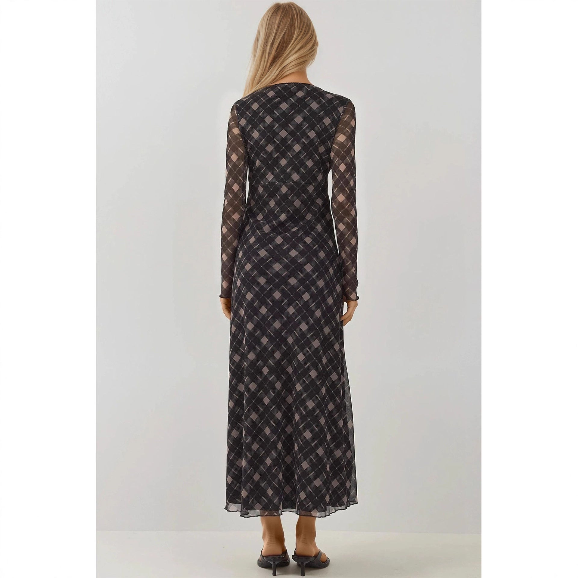 Autumn Retro V neck Lace up Plaid Elegant Graceful Slim Dress