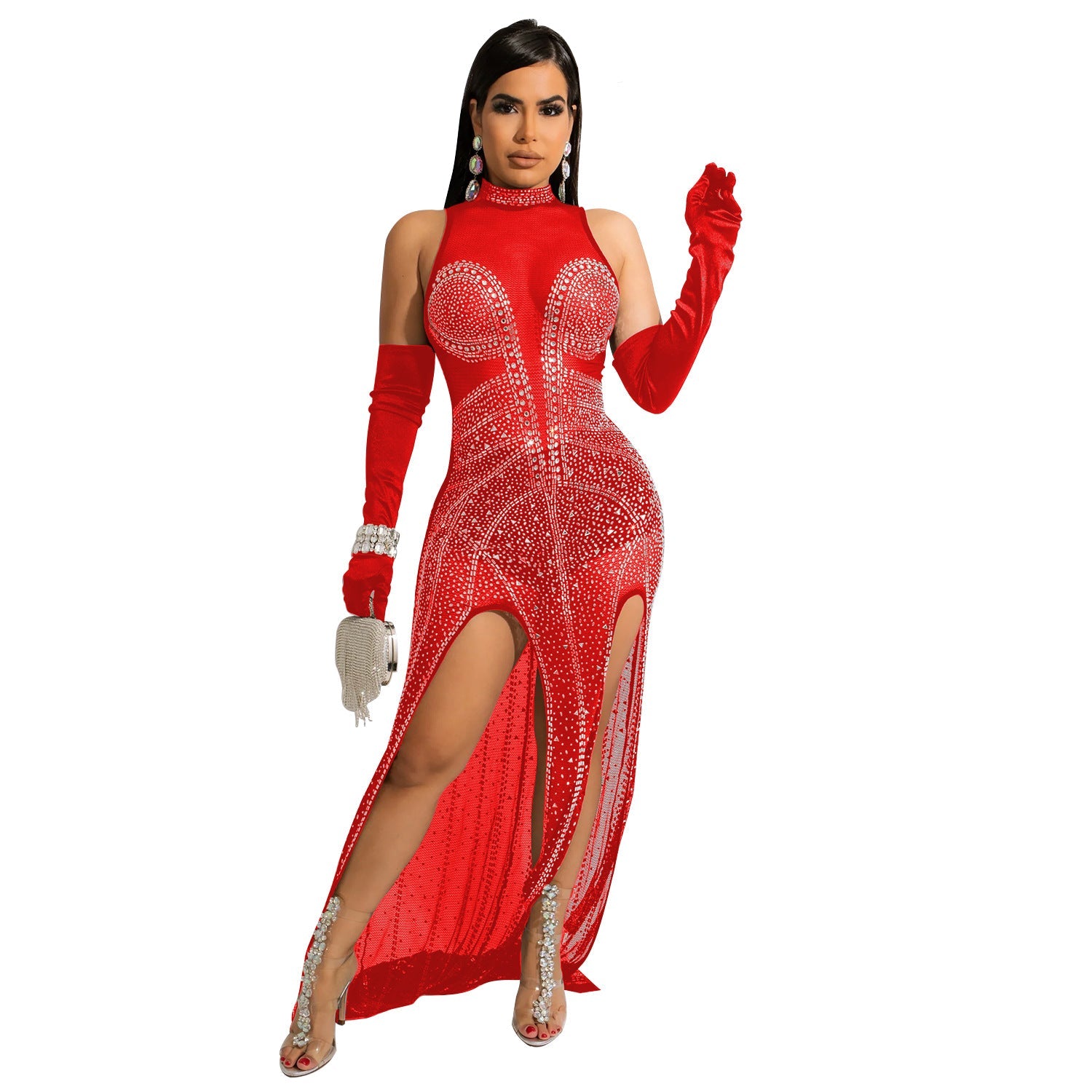 Autumn Women Clothing Sexy Mesh Rhinestone See through Dress Women