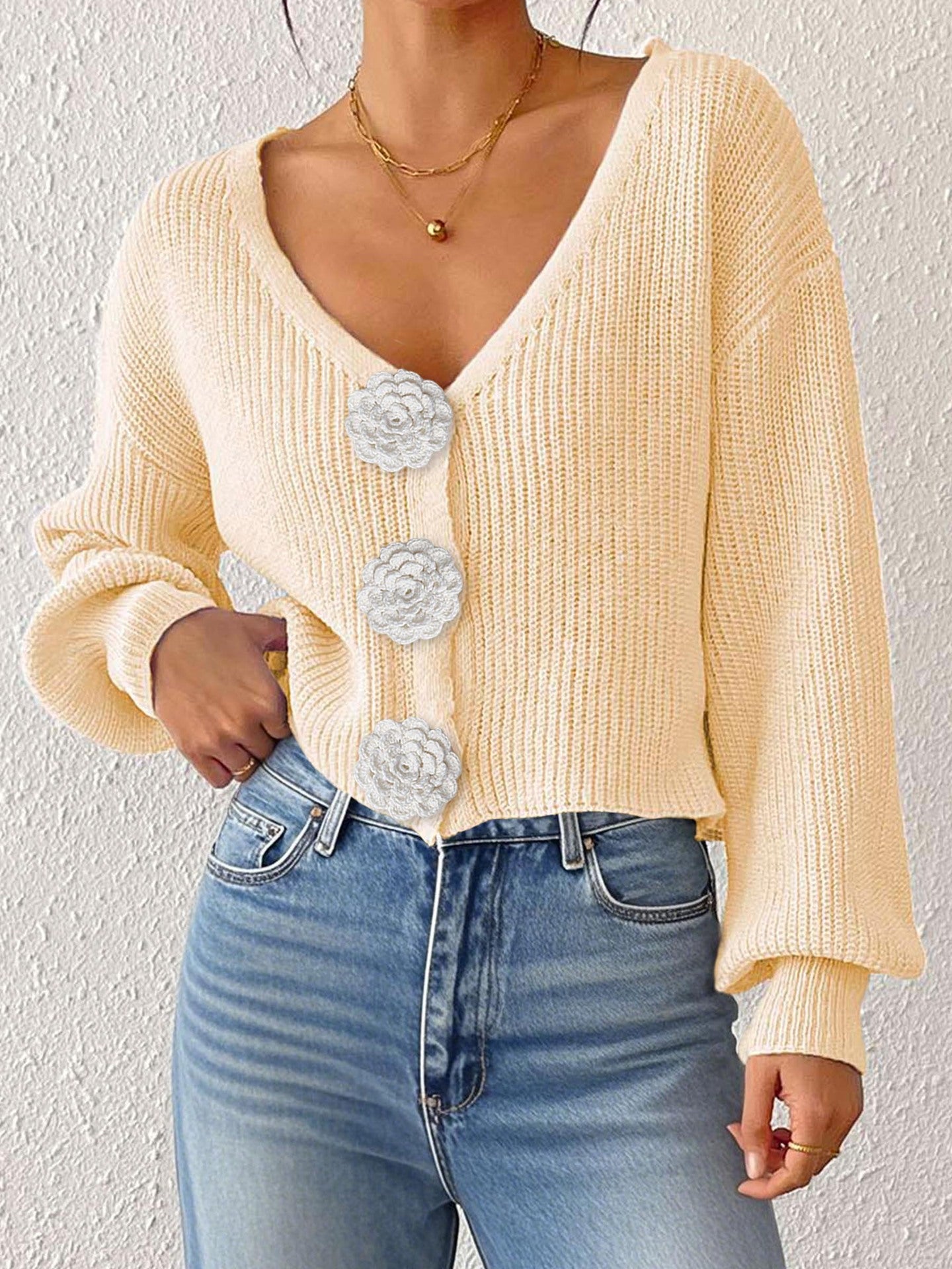 Women Knitted Sweater Street Hipster Short Top Hand Hook Floral Decorative Button Cardigan Short Coat