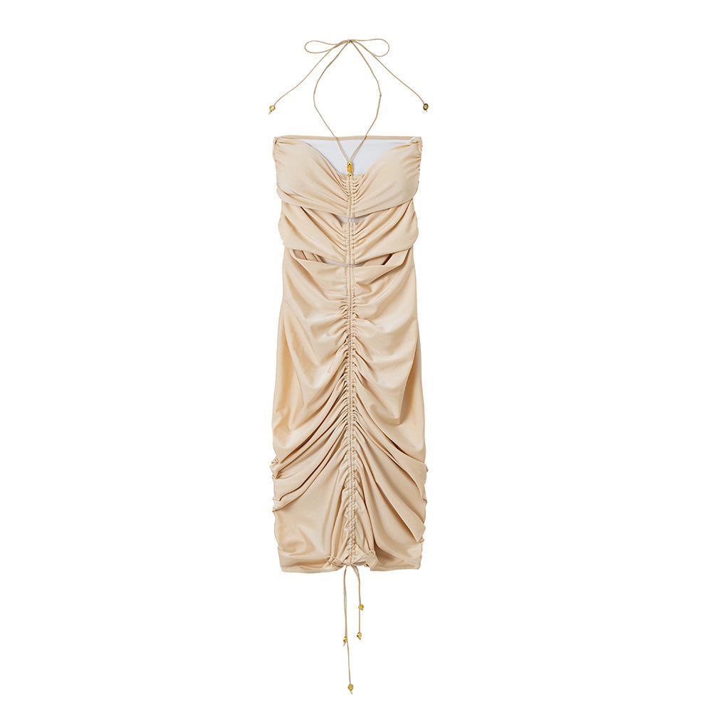 Light Nylon Solid Color Drawstring Draped Dress Sexy Tight Hip Dress