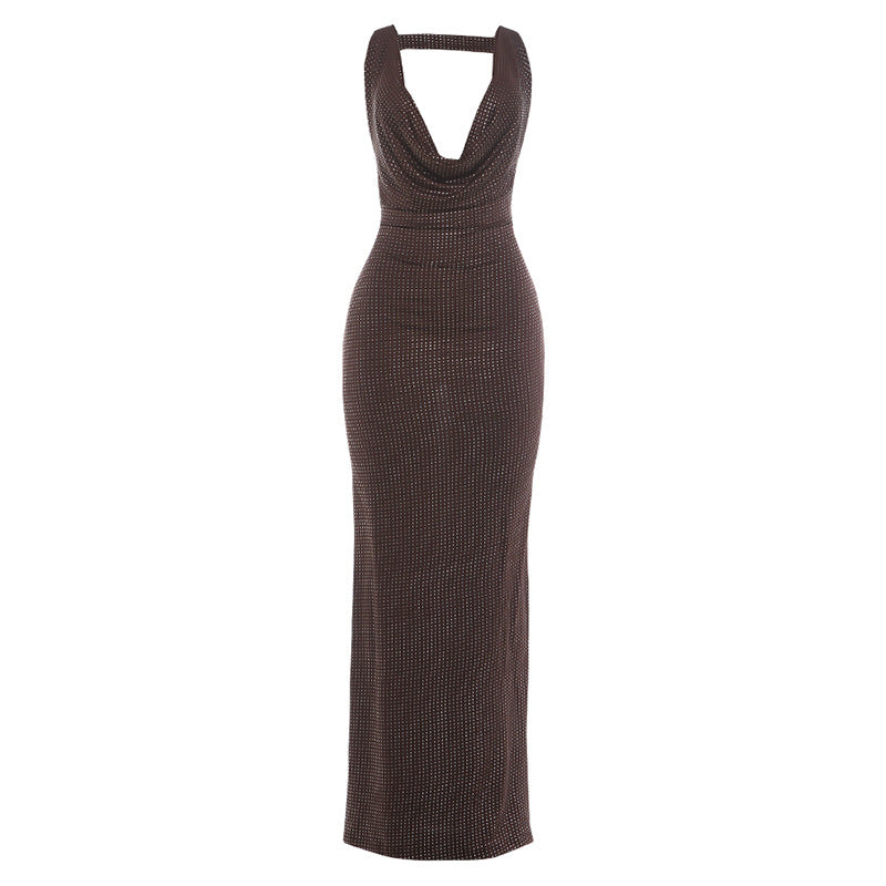 Summer Women Sexy Big Backless Dress Shiny Surface Sexy Swing Collar Sheath Dress