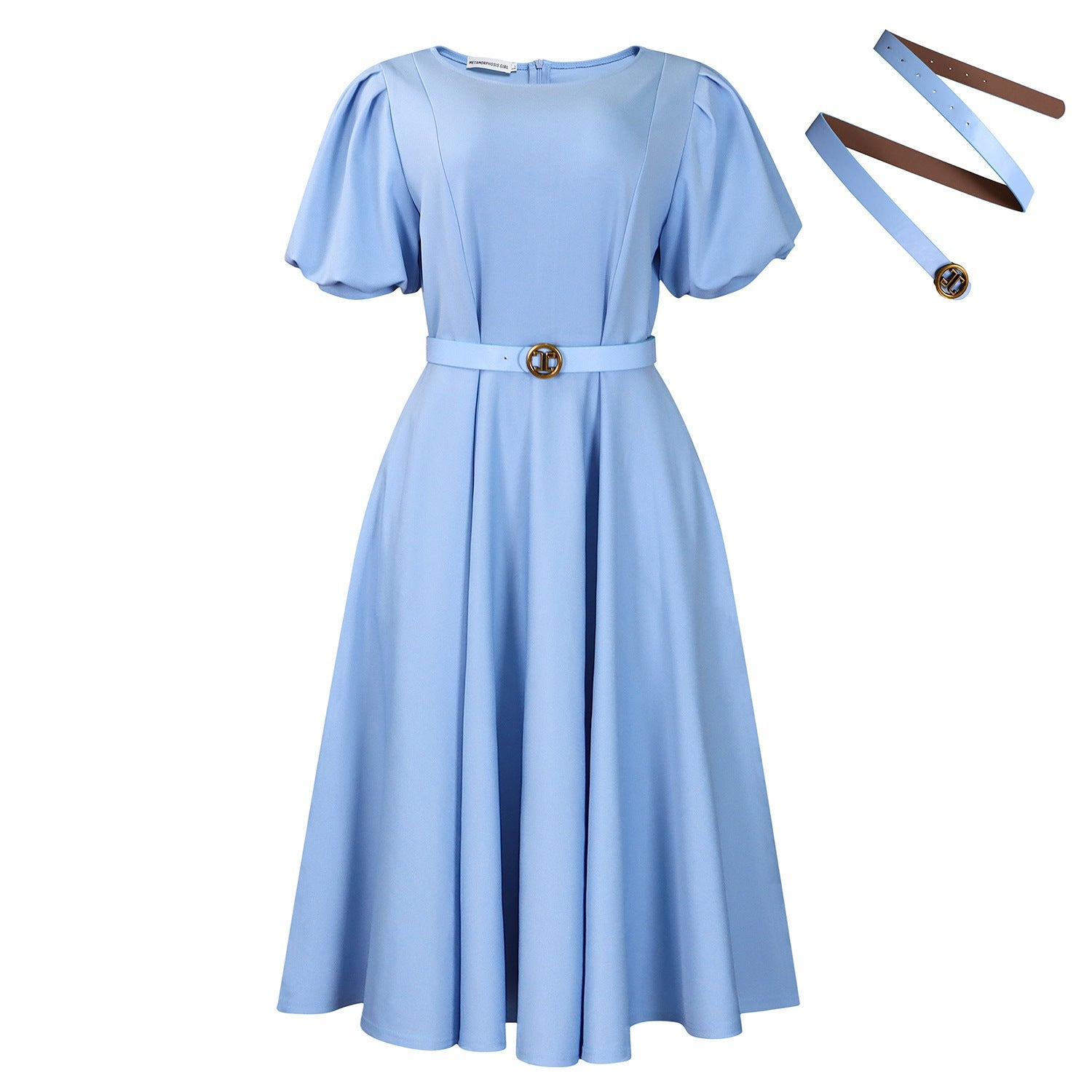 Women Clothing round Neck Puff Sleeve High Waist Dress