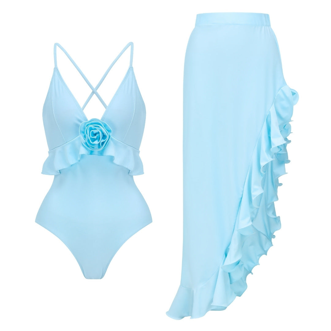Women Swimsuit Solid Color Bow Decoration One Piece Swimsuit Set