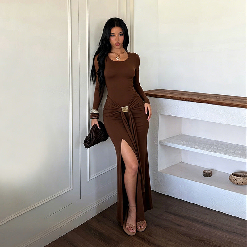 Metal Buckle Lace up Waist-Controlled Split Slimming Sexy Formal Dress Long Sleeve Dress