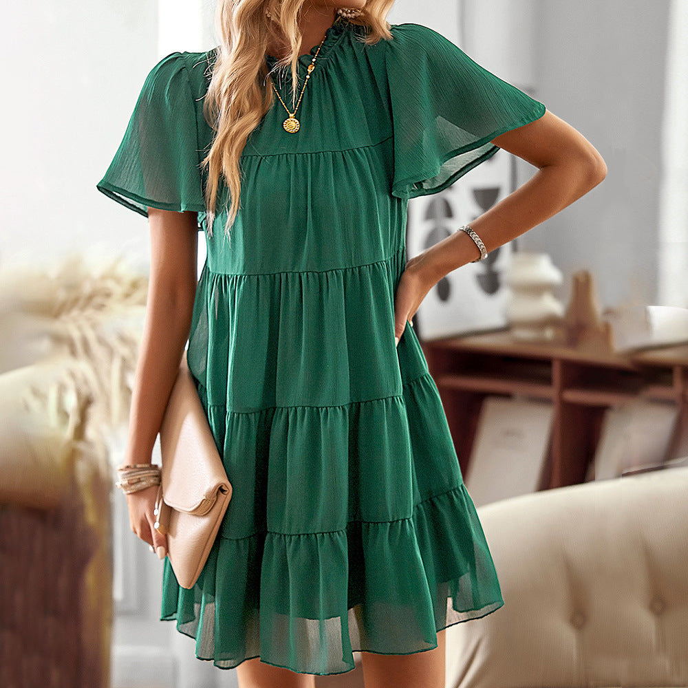 Solid Color Dress Women Summer A line Slimming round Neck