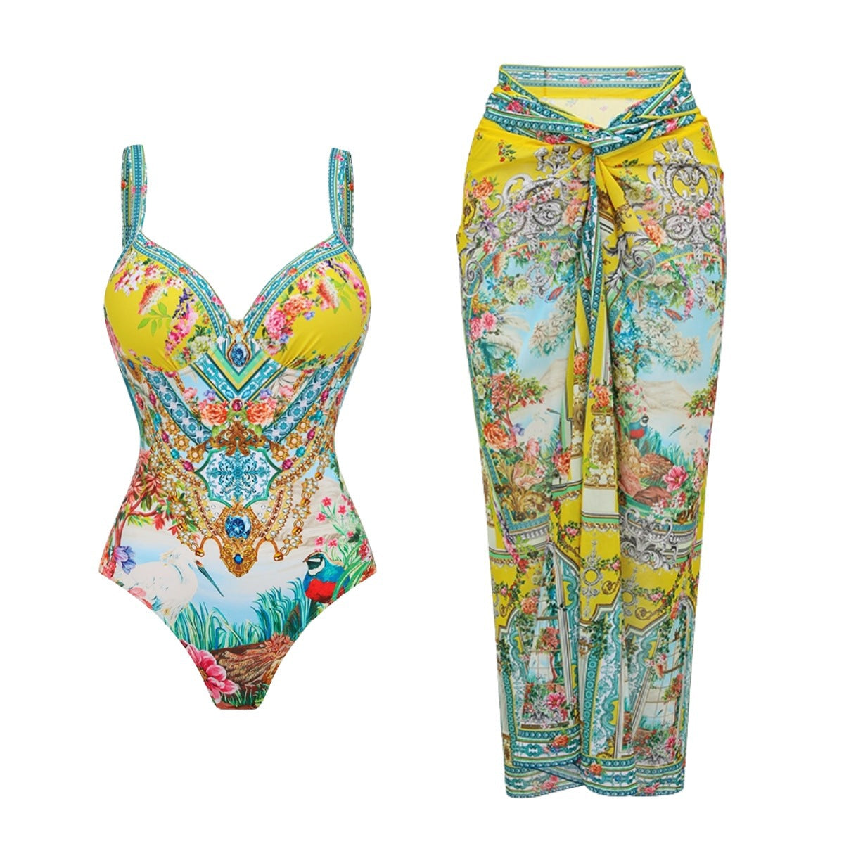 Swimsuit Bright Yellow Garden Print Vacation Swimsuit Women Long Skirt