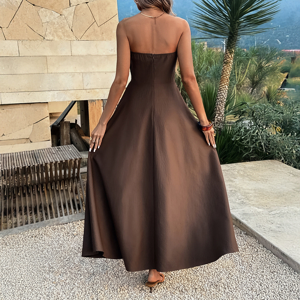 Spring Summer Woven Tube Top Solid Color Retro Holiday Casual Dress